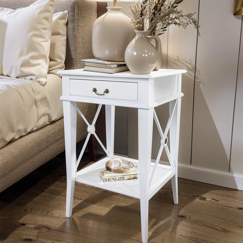 Hamptons Coastal Cross Bedside Table with Pull Out Shelf