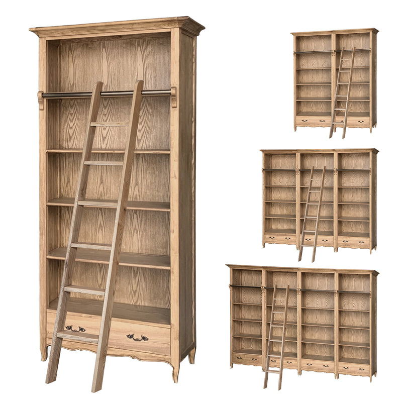 French Provincial Provence Extendable Library Bookcase Natural Ash with Ladder