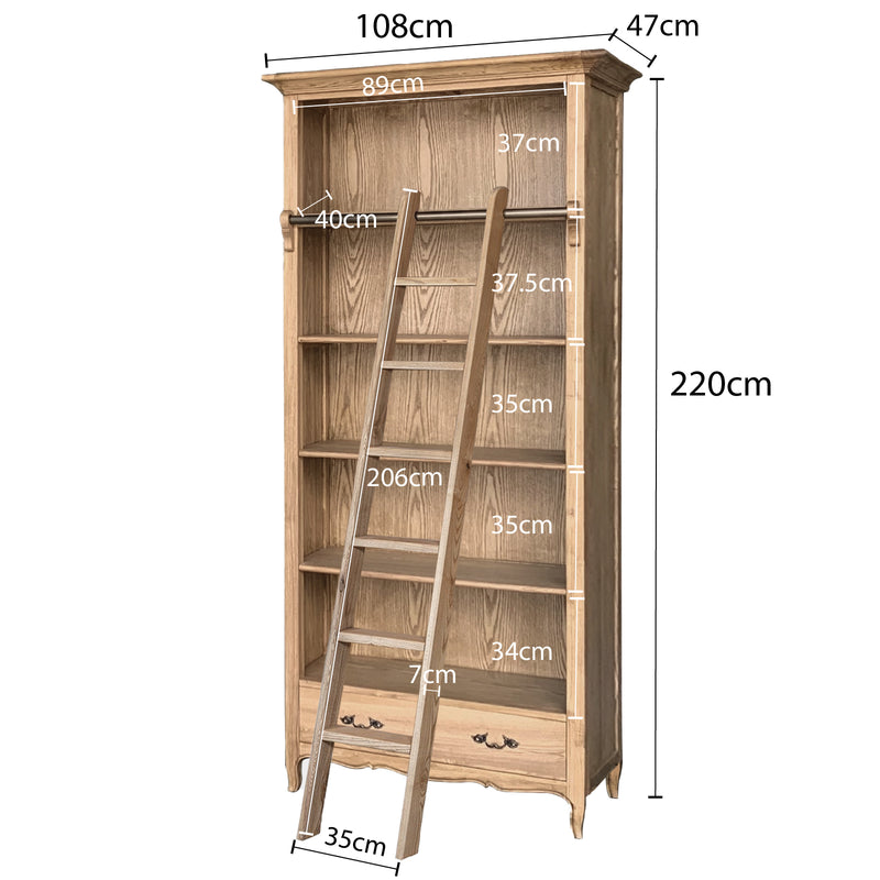 French Provincial Provence Extendable Library Bookcase Natural Ash with Ladder