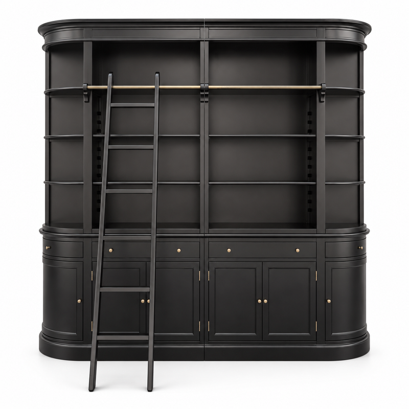 French Provincial Grand Library Bookcase Cabinet with Ladder & Curved Side Detailing Display