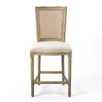 French Provincial / Hamptons Classic Oak Bar Stool with Natural Rattan Cane Back & Beige White Cushion