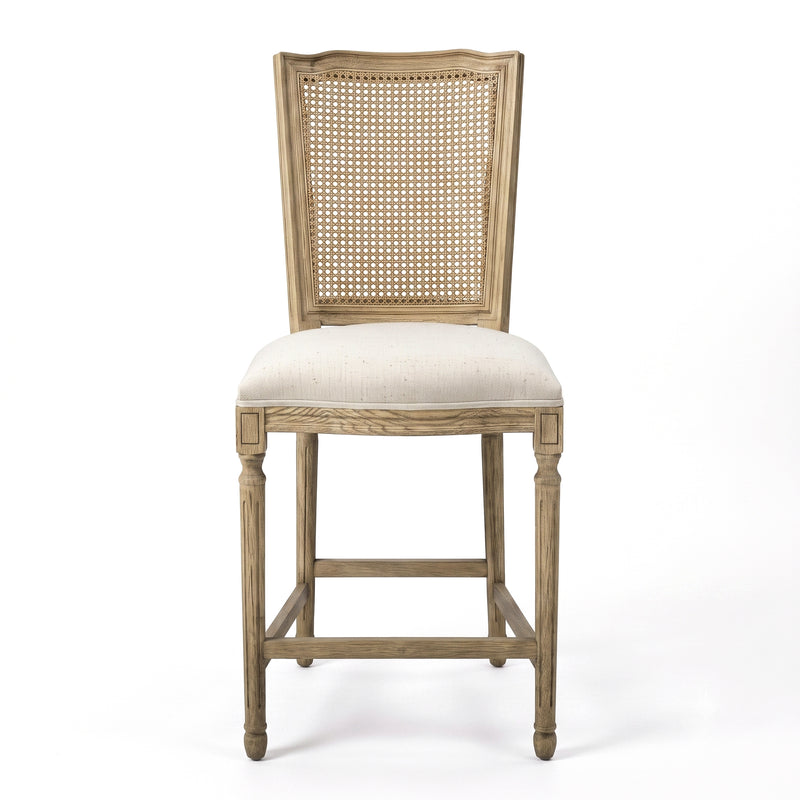 French Provincial / Hamptons Classic Oak Bar Stool with Natural Rattan Cane Back & Beige White Cushion