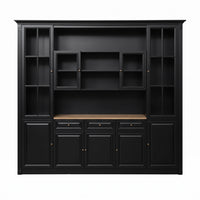 Hamptons Library Wall Unit Modular Buffet and Hutch Glass Cabinet with Cupboard in Black with Natural Top (Pre-order extra $1000 Early Bird discount)