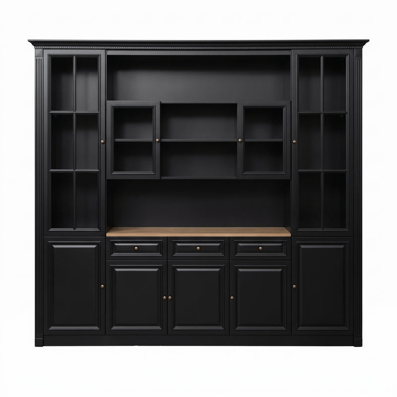 Hamptons Library Wall Unit Modular Buffet and Hutch Glass Cabinet with Cupboard in Black with Natural Top (Pre-order extra $1000 Early Bird discount)