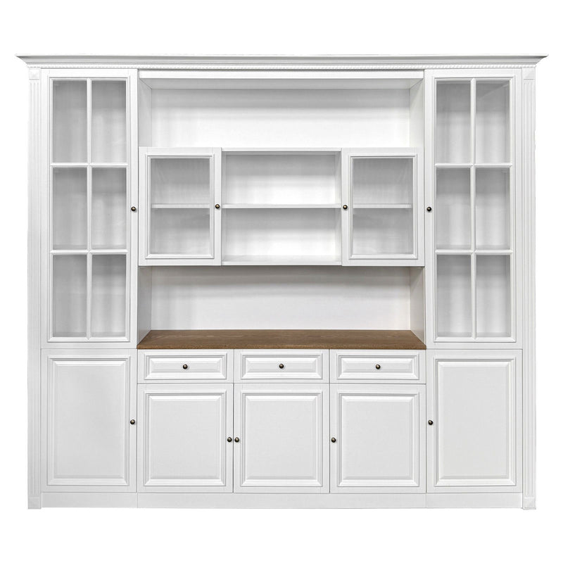 Hamptons Library Wall Unit Modular Buffet and Hutch Glass Cabinet with Cupboard in White with Natural Top