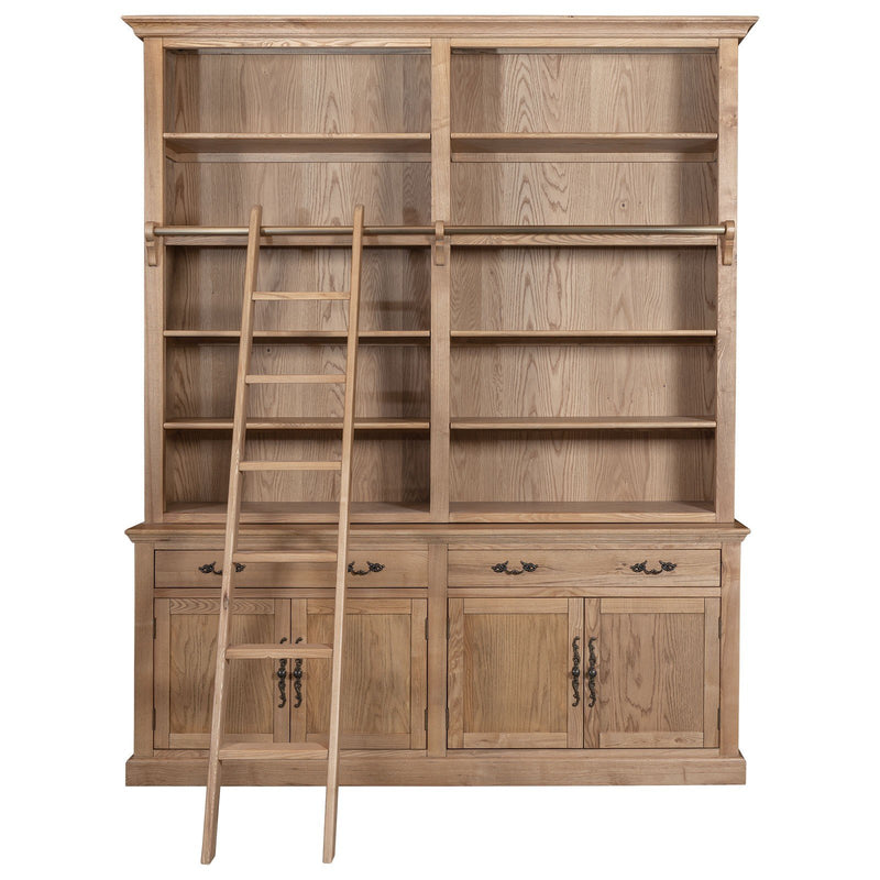 Hamptons Coastal Natural Ash Open Double Buffet and Hutch Bookcase with Ladder