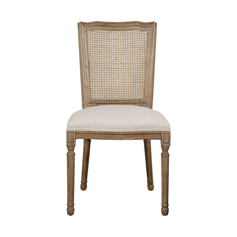 Set of 2 French Provincial / Hamptons Classic Oak Dining Chair with Natural Rattan Cane Back & Beige White Cushion