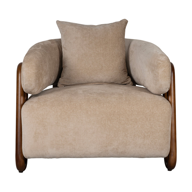 Luna Loop Boucle Armchair with Wooden Armrest in Afternoon Brown / Butter Cream