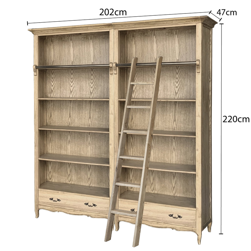 French Provincial Provence Extendable Library Bookcase Natural Ash with Ladder