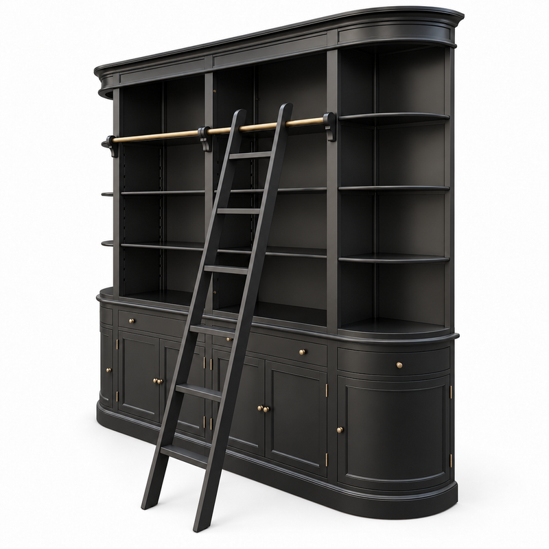French Provincial Grand Library Bookcase Cabinet with Ladder & Curved Side Detailing Display