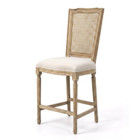 French Provincial / Hamptons Classic Oak Bar Stool with Natural Rattan Cane Back & Beige White Cushion
