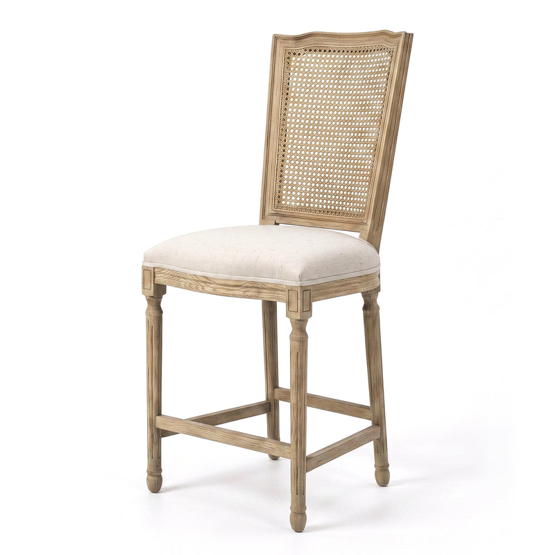 French Provincial / Hamptons Classic Oak Bar Stool with Natural Rattan Cane Back & Beige White Cushion