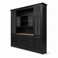 Hamptons Library Wall Unit Modular Buffet and Hutch Glass Cabinet with Cupboard in Black with Natural Top (Pre-order extra $1000 Early Bird discount)
