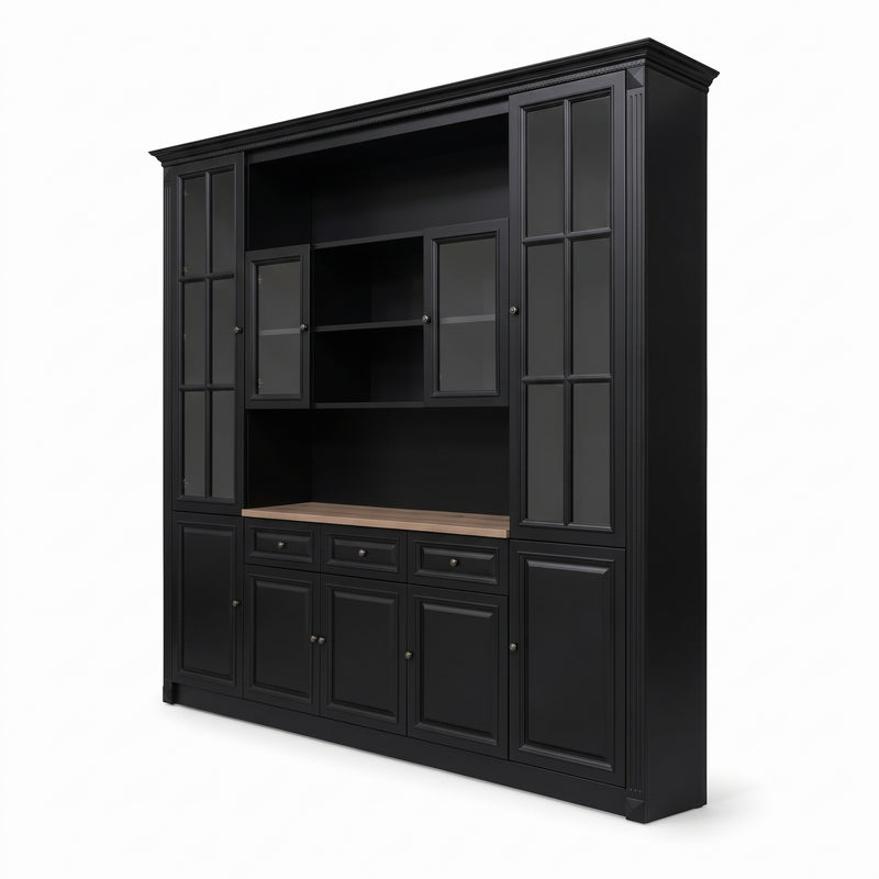 Hamptons Library Wall Unit Modular Buffet and Hutch Glass Cabinet with Cupboard in Black with Natural Top (Pre-order extra $1000 Early Bird discount)