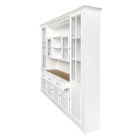 Hamptons Library Wall Unit Modular Buffet and Hutch Glass Cabinet with Cupboard in White with Natural Top