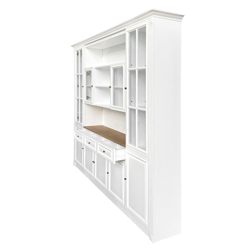 Hamptons Library Wall Unit Modular Buffet and Hutch Glass Cabinet with Cupboard in White with Natural Top