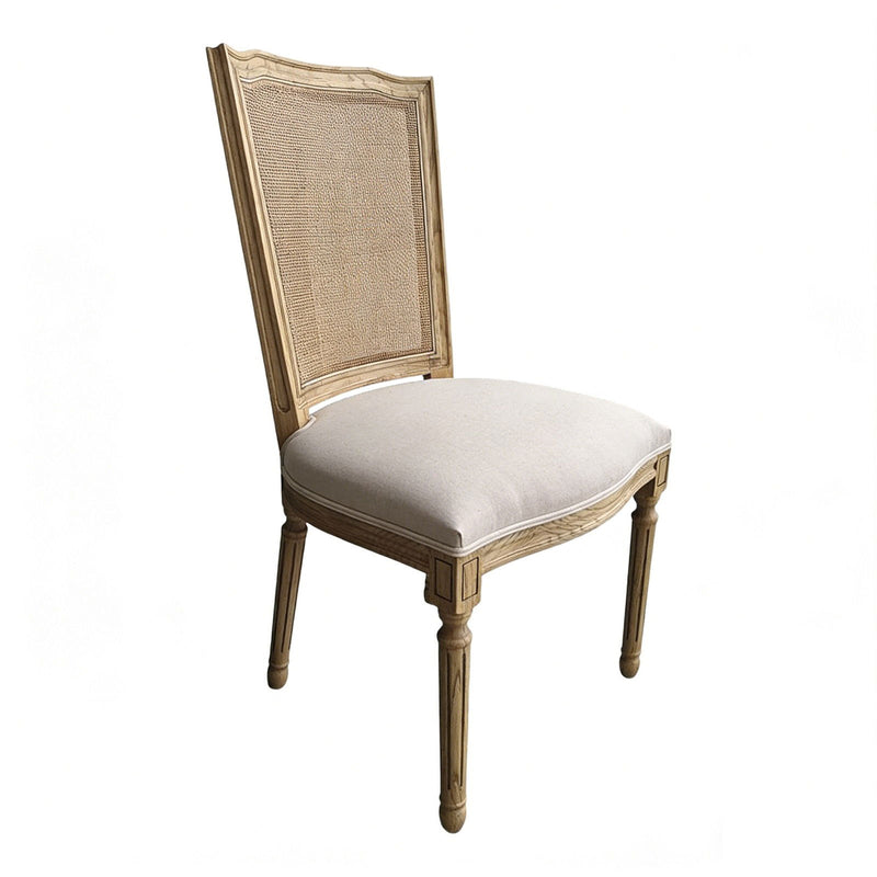 Set of 2 French Provincial / Hamptons Classic Oak Dining Chair with Natural Rattan Cane Back & Beige White Cushion