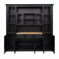 Hamptons Library Wall Unit Modular Buffet and Hutch Glass Cabinet with Cupboard in Black with Natural Top (Pre-order extra $1000 Early Bird discount)