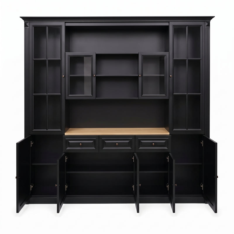 Hamptons Library Wall Unit Modular Buffet and Hutch Glass Cabinet with Cupboard in Black with Natural Top (Pre-order extra $1000 Early Bird discount)