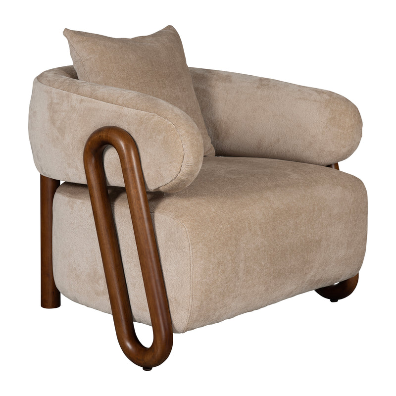 Luna Loop Boucle Armchair with Wooden Armrest in Afternoon Brown / Butter Cream