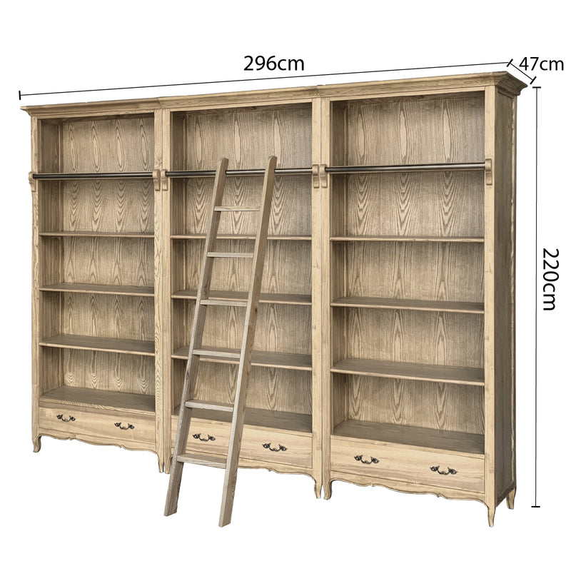French Provincial Provence Extendable Library Bookcase Natural Ash with Ladder