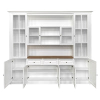 Hamptons Library Wall Unit Modular Buffet and Hutch Glass Cabinet with Cupboard in White with Natural Top