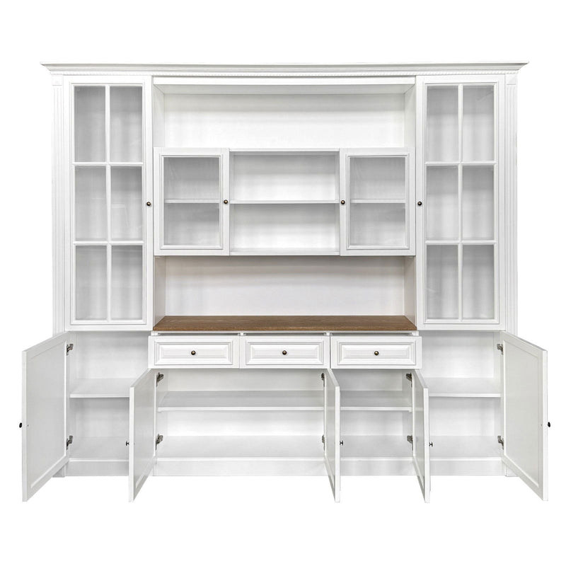 Hamptons Library Wall Unit Modular Buffet and Hutch Glass Cabinet with Cupboard in White with Natural Top