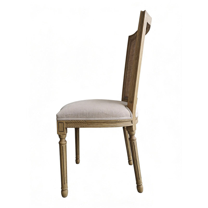 Set of 2 French Provincial / Hamptons Classic Oak Dining Chair with Natural Rattan Cane Back & Beige White Cushion