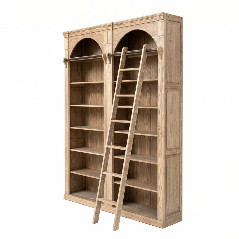 Hamptons Heritage Open Library Arched Extendable Bookshelf/Bookcase with Ladder 100cm - 300cm Wide