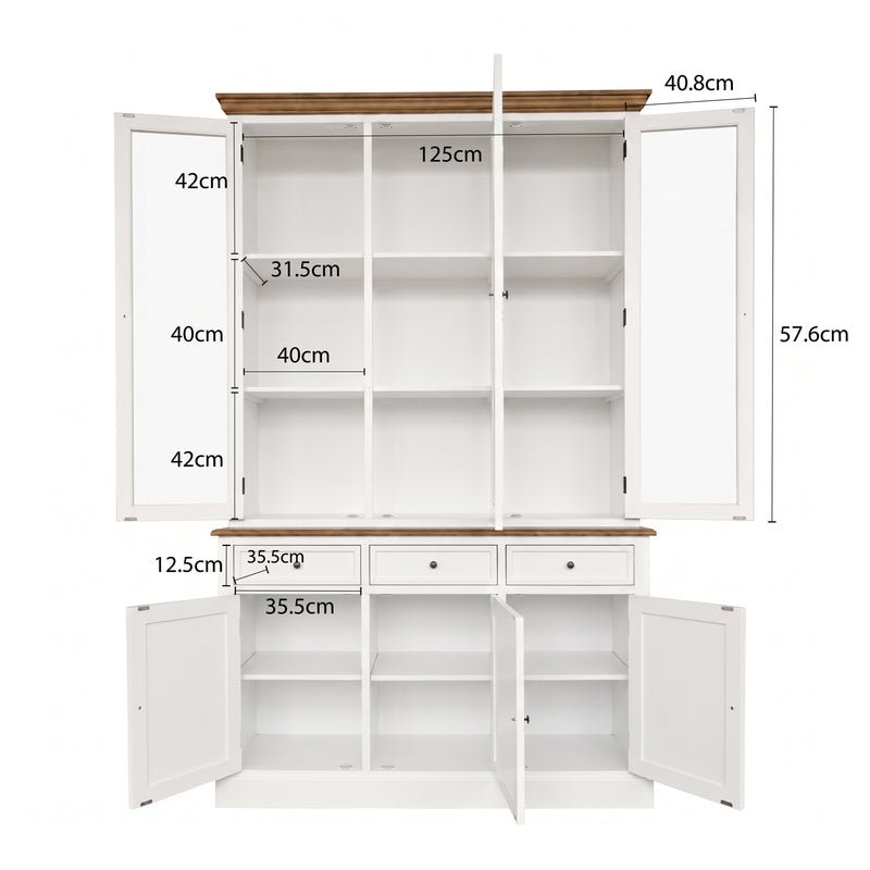Hamptons Coastal Hutch and Buffet Glass 140cm Display Cabinet with 3 Drawers