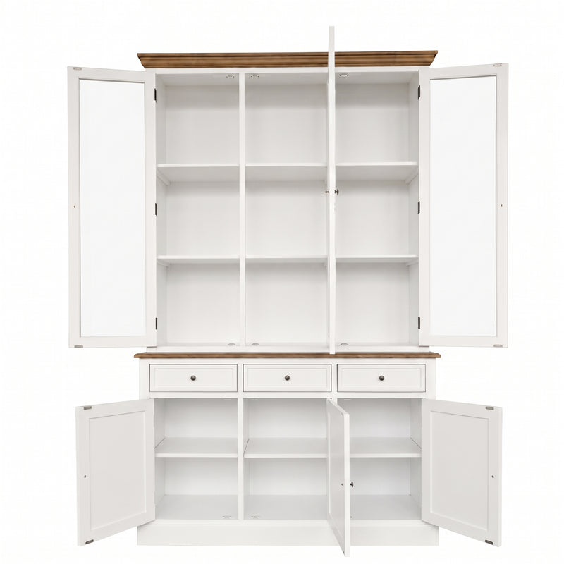 Hamptons Coastal Hutch and Buffet Glass 140cm Display Cabinet with 3 Drawers