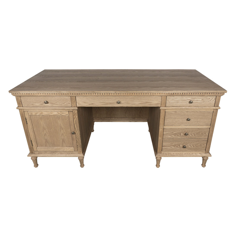 New England Hamptons Executive Desk with Dentil Moulding & Turned Legs – 6 Drawer 1 cupboard Pedestal Study Desk