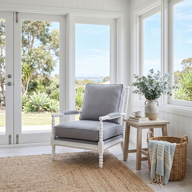 Hamptons Coastal Bobbin Linen and Timber Armchair