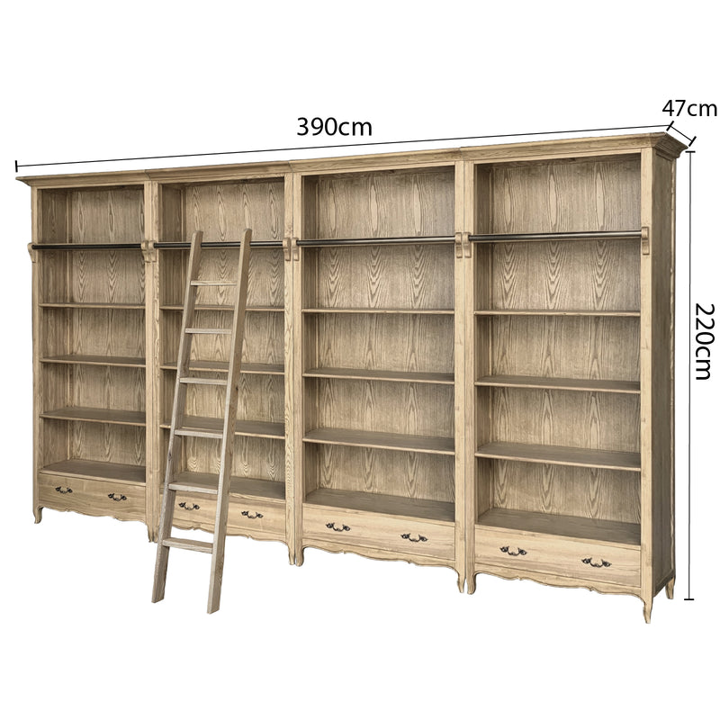 French Provincial Provence Extendable Library Bookcase Natural Ash with Ladder