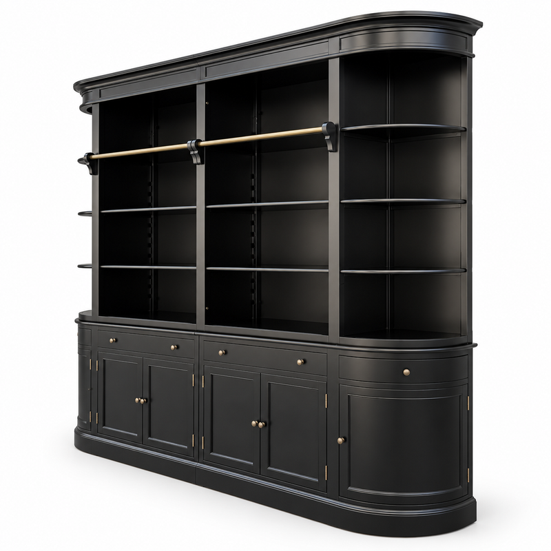 French Provincial Grand Library Bookcase Cabinet with Ladder & Curved Side Detailing Display