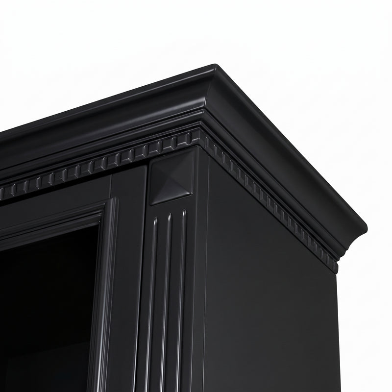 Hamptons Library Wall Unit Modular Buffet and Hutch Glass Cabinet with Cupboard in Black with Natural Top (Pre-order extra $1000 Early Bird discount)