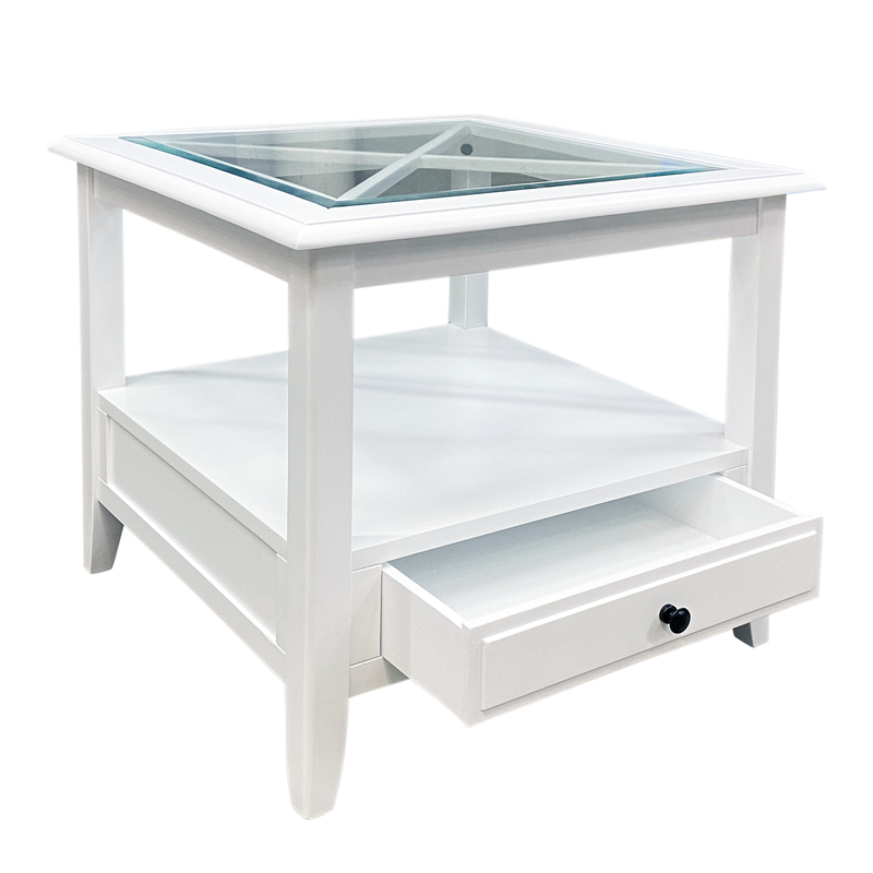 Hamptons Coastal 1 Drawer Glass Cross Side Table