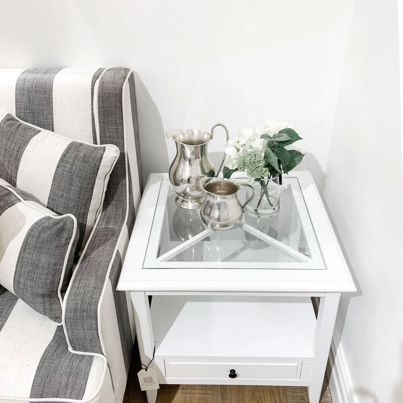 Hamptons Coastal 1 Drawer Glass Cross Side Table