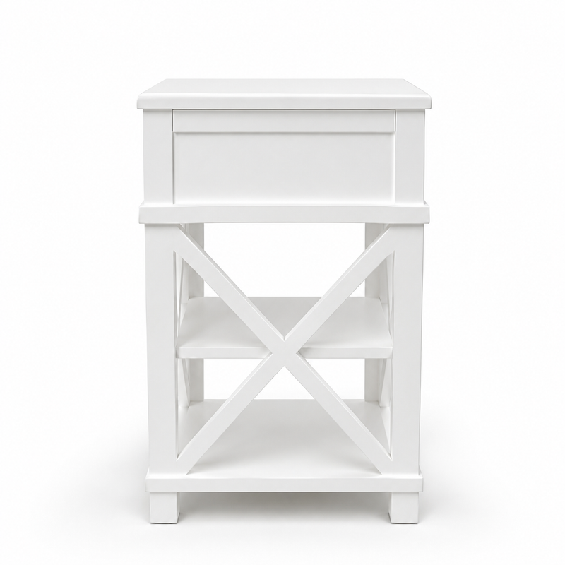 Hamptons Coastal Cross 1 Drawer Bedside Table with Shelf