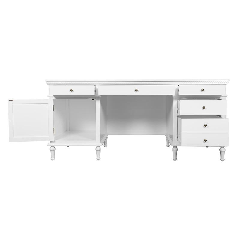 New England Hamptons Executive Desk with Dentil Moulding & Turned Legs – 6 Drawer 1 cupboard Pedestal Study Desk