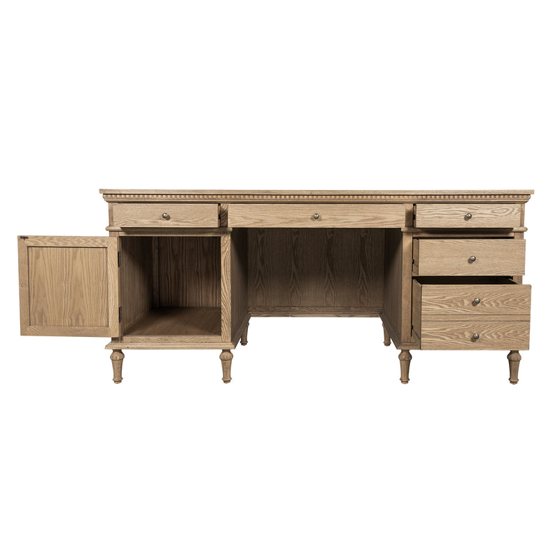 New England Hamptons Executive Desk with Dentil Moulding & Turned Legs – 6 Drawer 1 cupboard Pedestal Study Desk