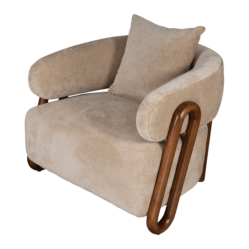 Luna Loop Boucle Armchair with Wooden Armrest in Afternoon Brown / Butter Cream