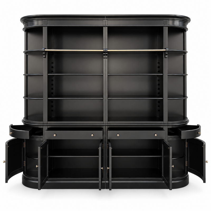 French Provincial Grand Library Bookcase Cabinet with Ladder & Curved Side Detailing Display