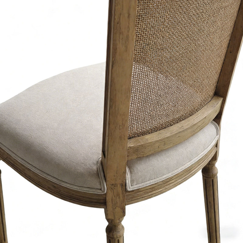 Set of 2 French Provincial / Hamptons Classic Oak Dining Chair with Natural Rattan Cane Back & Beige White Cushion
