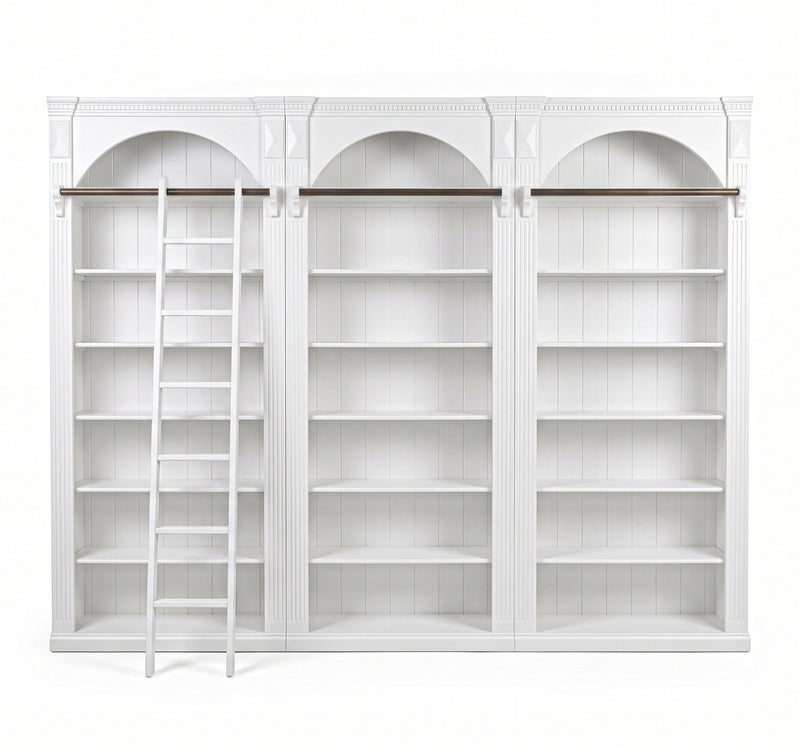 Hamptons Heritage Open Library Arched Extendable Bookshelf/Bookcase with Ladder 100cm - 300cm Wide