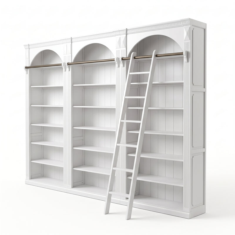 Hamptons Heritage Open Library Arched Extendable Bookshelf/Bookcase with Ladder 100cm - 300cm Wide