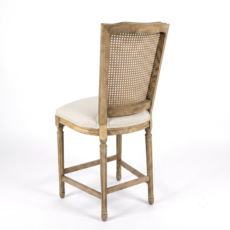 French Provincial / Hamptons Classic Oak Bar Stool with Natural Rattan Cane Back & Beige White Cushion