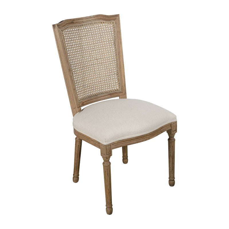 Set of 2 French Provincial / Hamptons Classic Oak Dining Chair with Natural Rattan Cane Back & Beige White Cushion