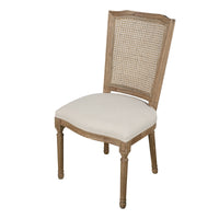 Set of 2 French Provincial / Hamptons Classic Oak Dining Chair with Natural Rattan Cane Back & Beige White Cushion
