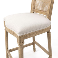 French Provincial / Hamptons Classic Oak Bar Stool with Natural Rattan Cane Back & Beige White Cushion